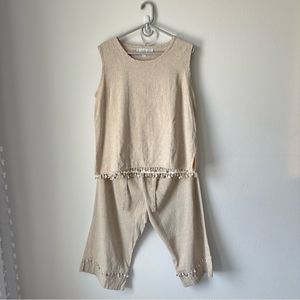 Caroline Rose// Boho Linen top and pants Set up seashell charms Y2K Size L